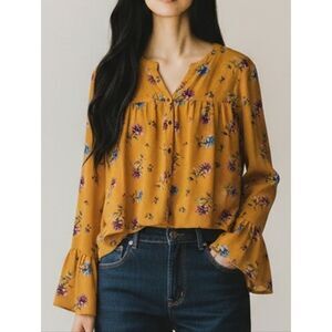 Mimi Chica Flare Sleeves Mustard Floral Button-Front Blouse